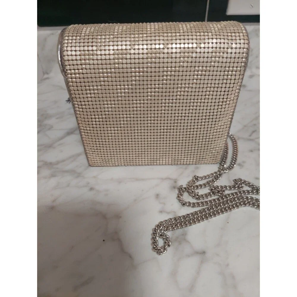 Vintage Whiting & Davis Crossbody Metal Mesh Evening Flap Square Bag Rare Biege